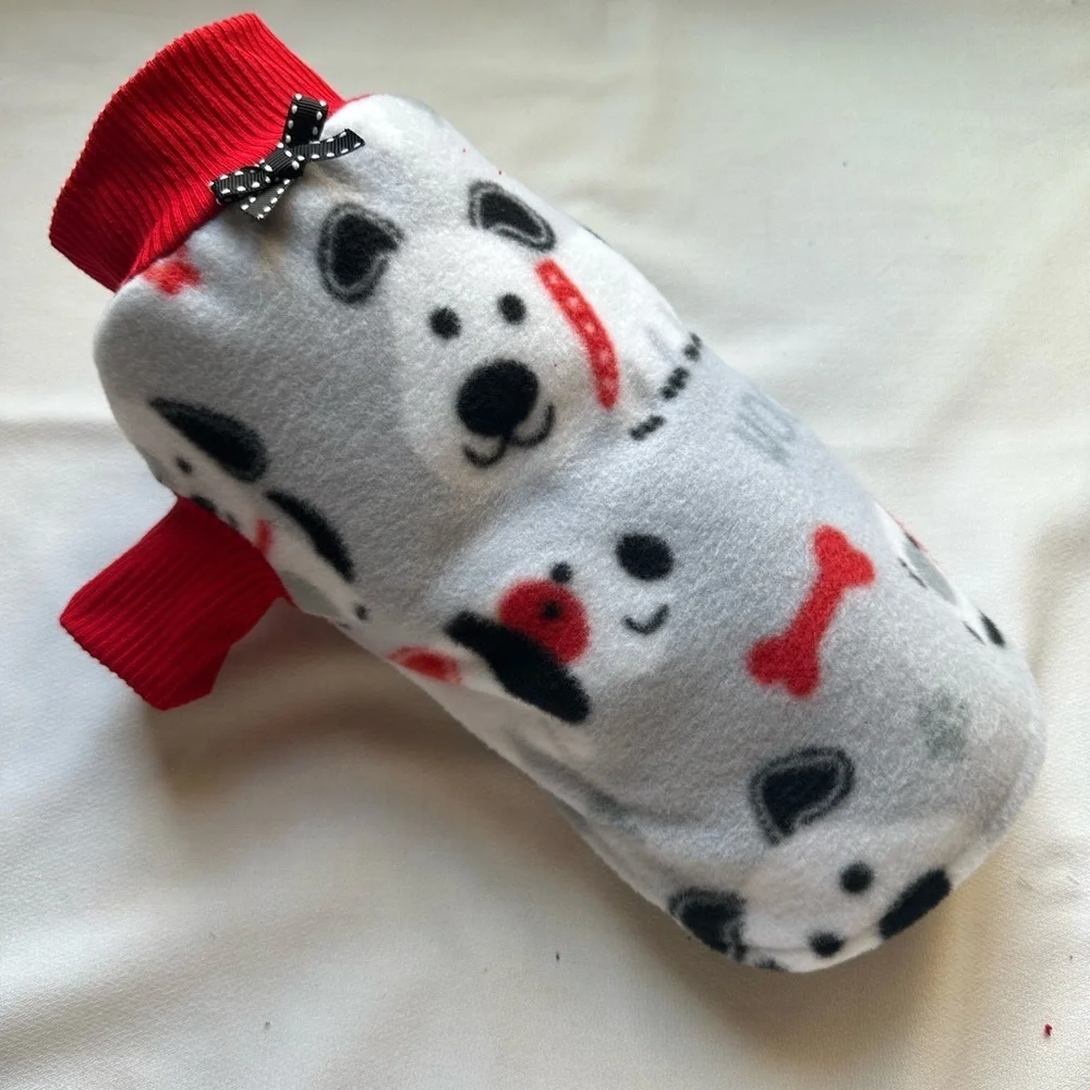 Handmade Small Dog Fleece Sweater | Cozy Puppy Print | Red Ribbed Trim